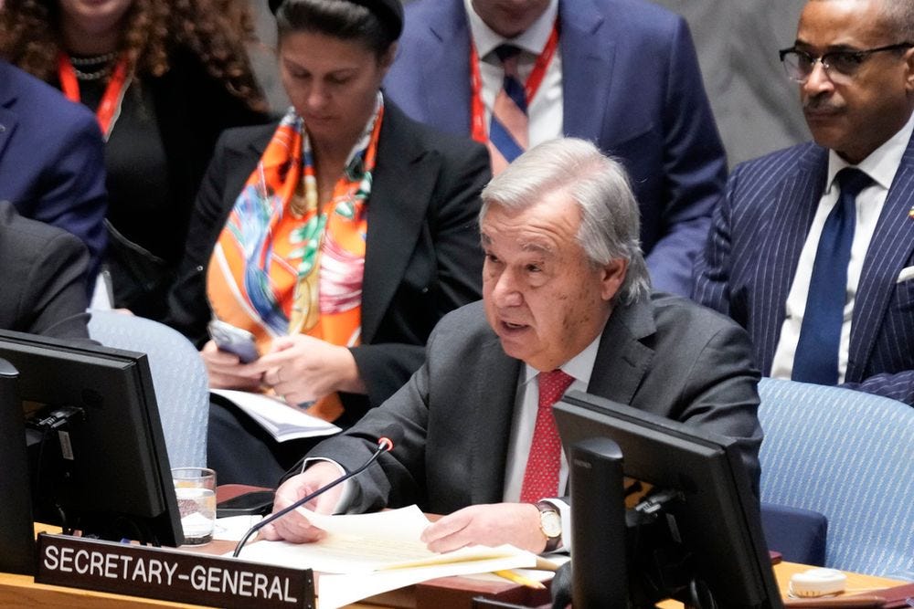 United Nations Secretary-General Antonio Guterres speaks during a Security Council meeting at United Nations headquarters.