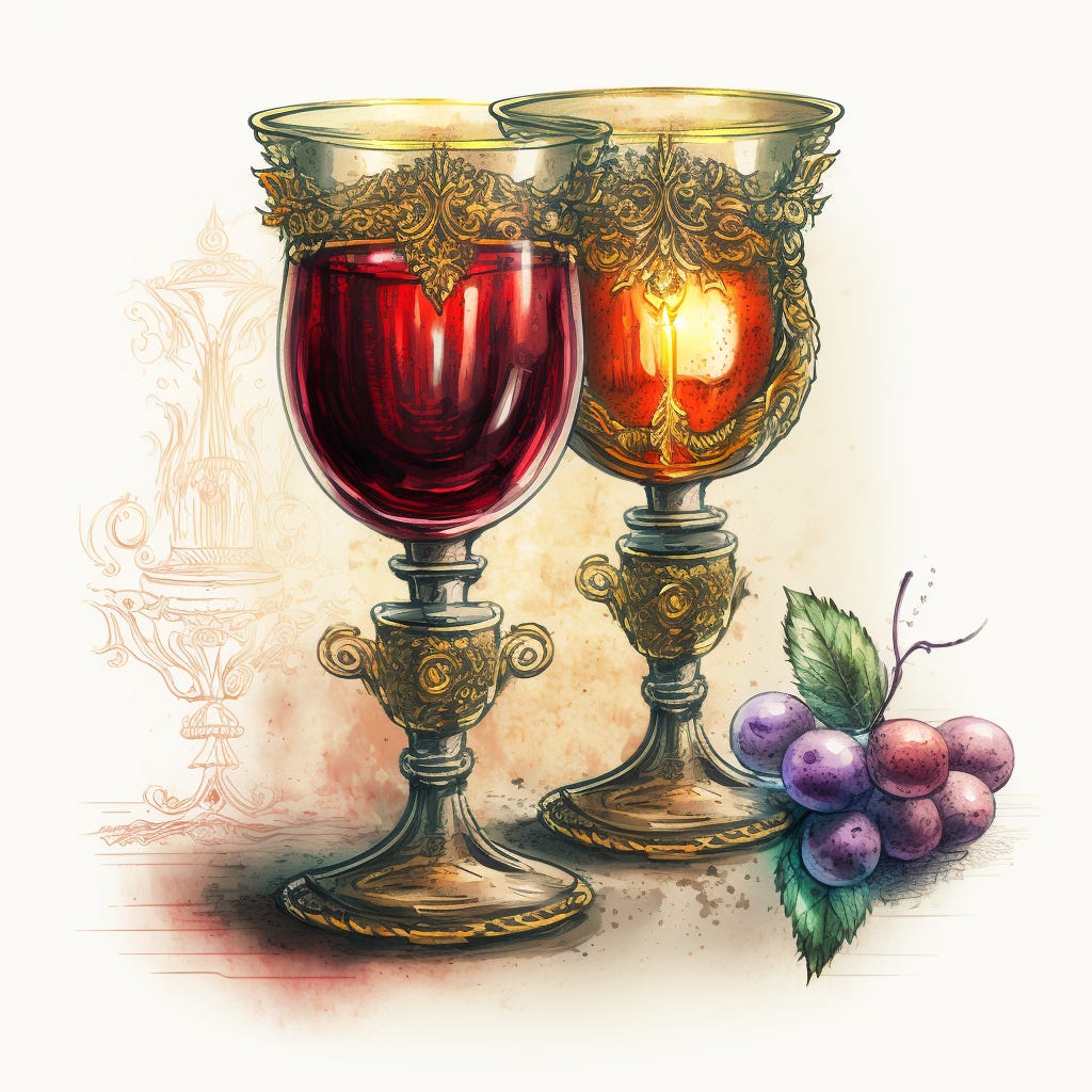 Two different vintages of firewine, one deep red and one a brighter orange, side-by-side in ornate goblets with a bunch of grapes beside them.