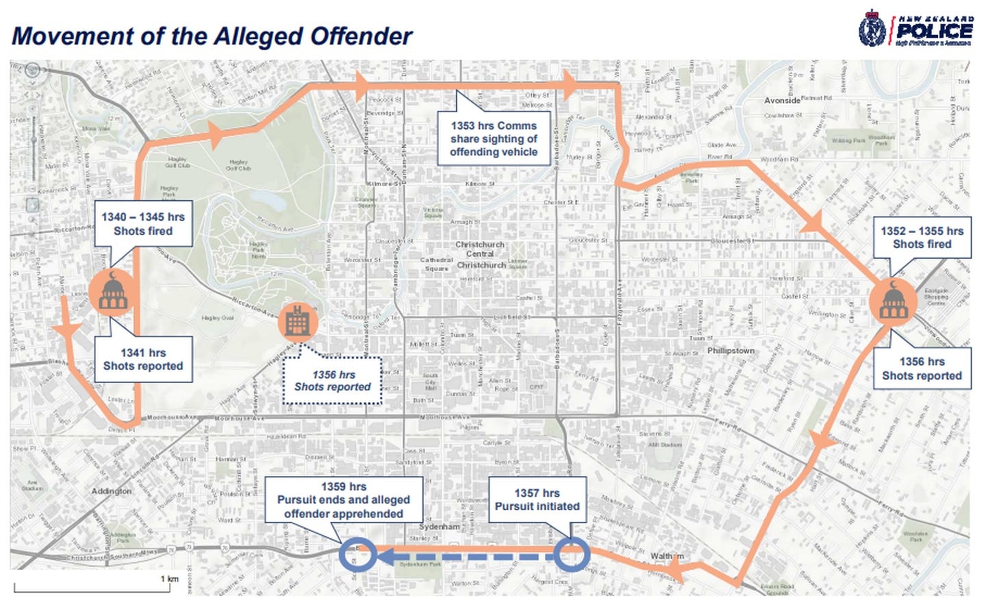 Police today released this map and timeline of the March 15 terror attacks in Christchurch. Image / NZ Police