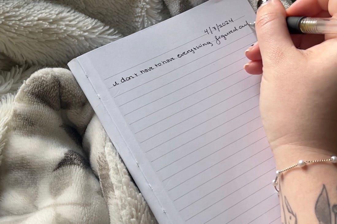 Me writing in journal 'I don't have to have it all figured out'