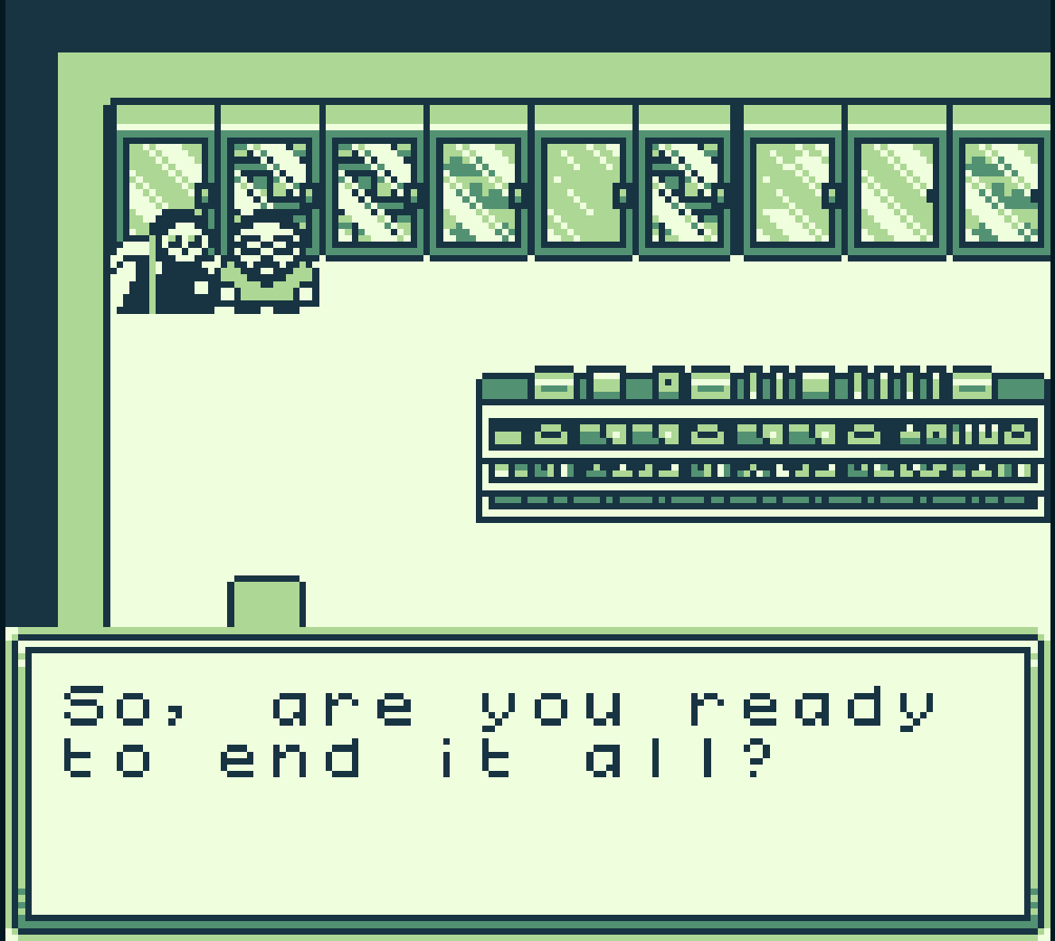a screen shot of a game boy game that shows a pixel art version of me having a chat with the grim reaper in a supermarket