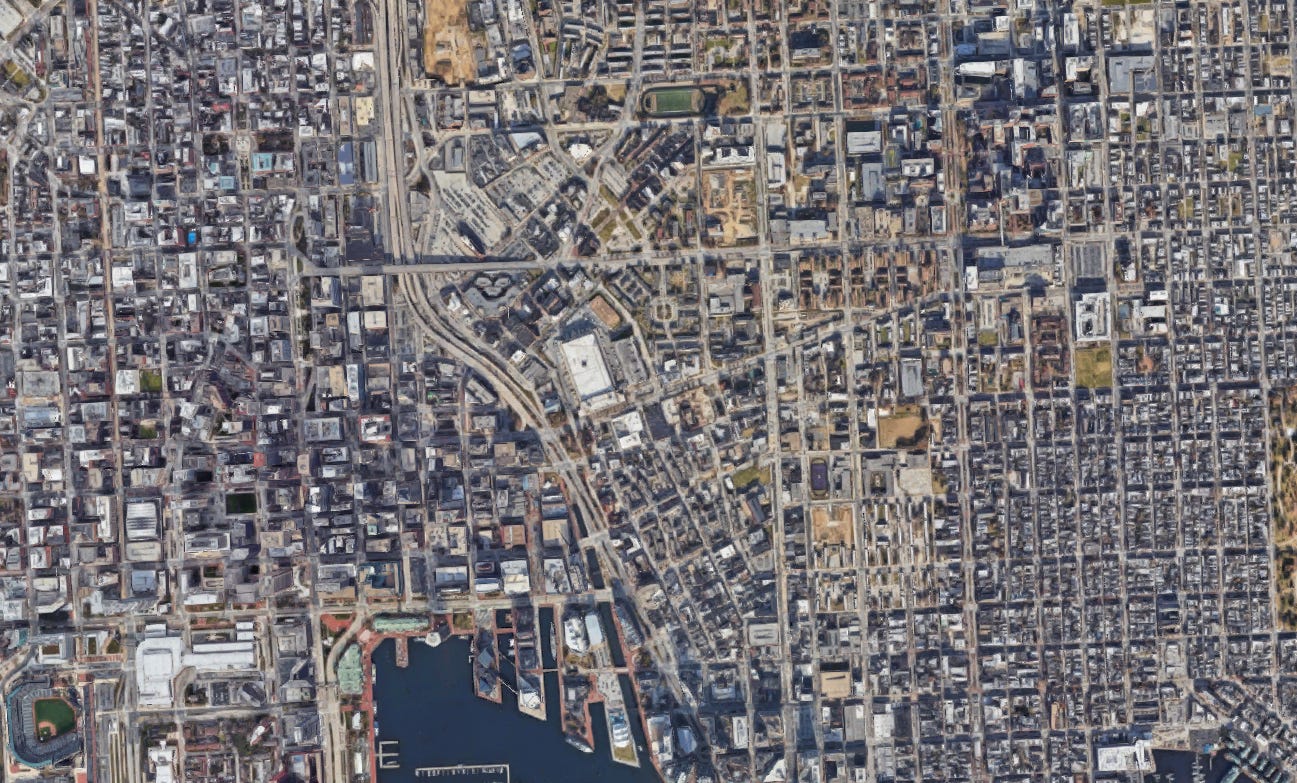 Aerial view of Oriole Park at Camden Yards and the surrounding area