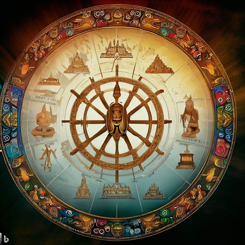 the tibetan wheel of life with buddha's life story and joseph campbells heroes journey overlayed