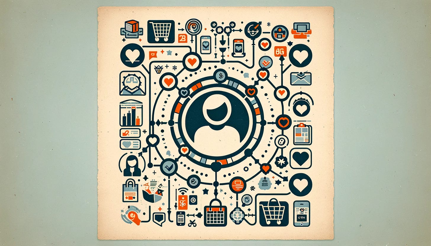 a customer avatar at the center, surrounded by interconnected icons representing spending patterns, product preferences, and demographic attributes