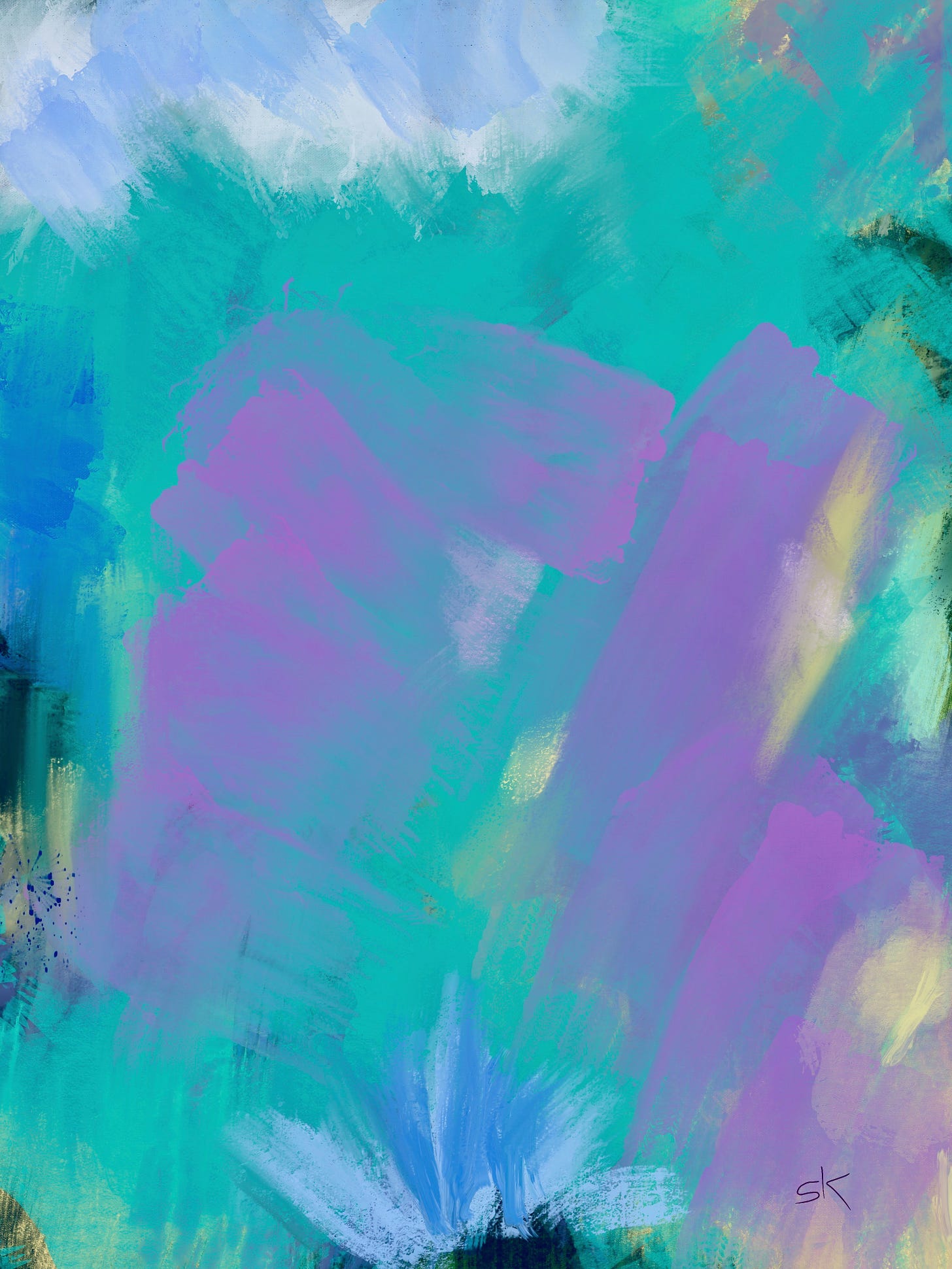 Abstract painting by Sherry Killam Arts with layers of lavender, aqua, and blue brushstrokes.