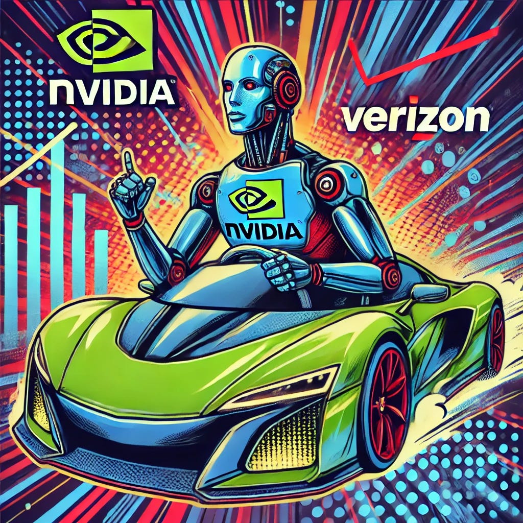 A vibrant and exaggerated pop-art style illustration featuring a futuristic car driven by a humanoid robot, with the Nvidia logo prominently displayed on the car's hood and the Verizon logo boldly placed on its side. The car is dynamic and sleek, surrounded by glowing comic-style effects and halftone patterns. The robot driver looks confident, with bold outlines and vibrant metallic colors. The background is filled with abstract circuitry, stock market charts, and colorful bursts of energy in electric blues, reds, and greens. The design is playful, energetic, and highly stylized, adhering to a professional pop-art aesthetic. Format: 16:9, 1920x1080 resolution.