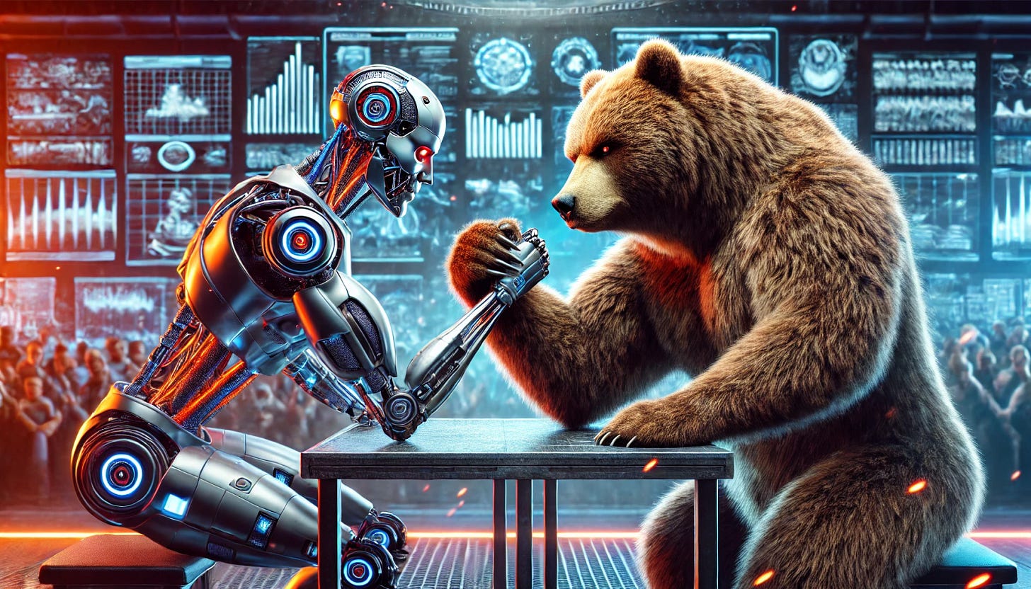 A bear arm wrestling with a cyborg in a futuristic setting. The bear is large and powerful with thick fur, intense eyes, and a determined expression. The cyborg is humanoid with sleek metallic limbs, glowing red eyes, and advanced robotic features. They are locked in an intense arm-wrestling match on a sturdy metallic table, with sparks flying from the cyborg’s arm and the bear’s claws gripping firmly. The background features a high-tech arena with glowing holographic displays and a cheering crowd of various futuristic beings.