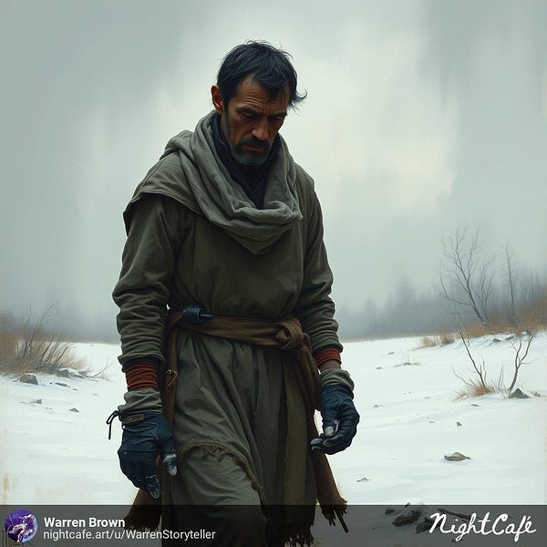 Man looking at frozen hands in the cold.