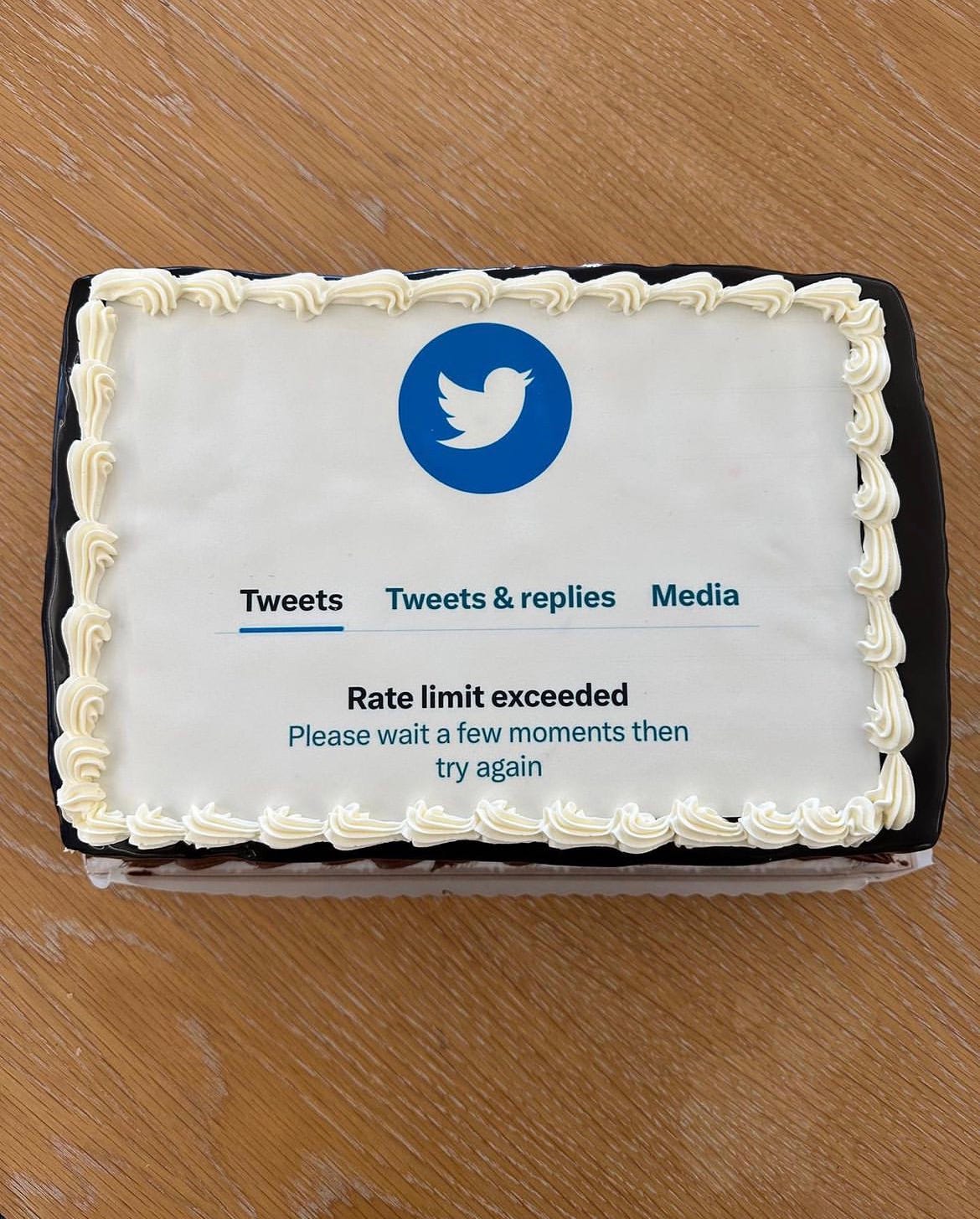 Picture of a sheet cake reading “rate limit exceeded”