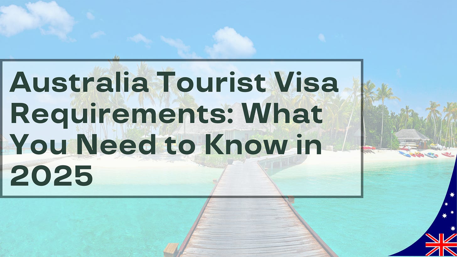 A beautiful tropical beach with a wooden pier, palm trees, and an Australian flag-themed corner design, representing travel to Australia with tourist visa requirements for 2025.