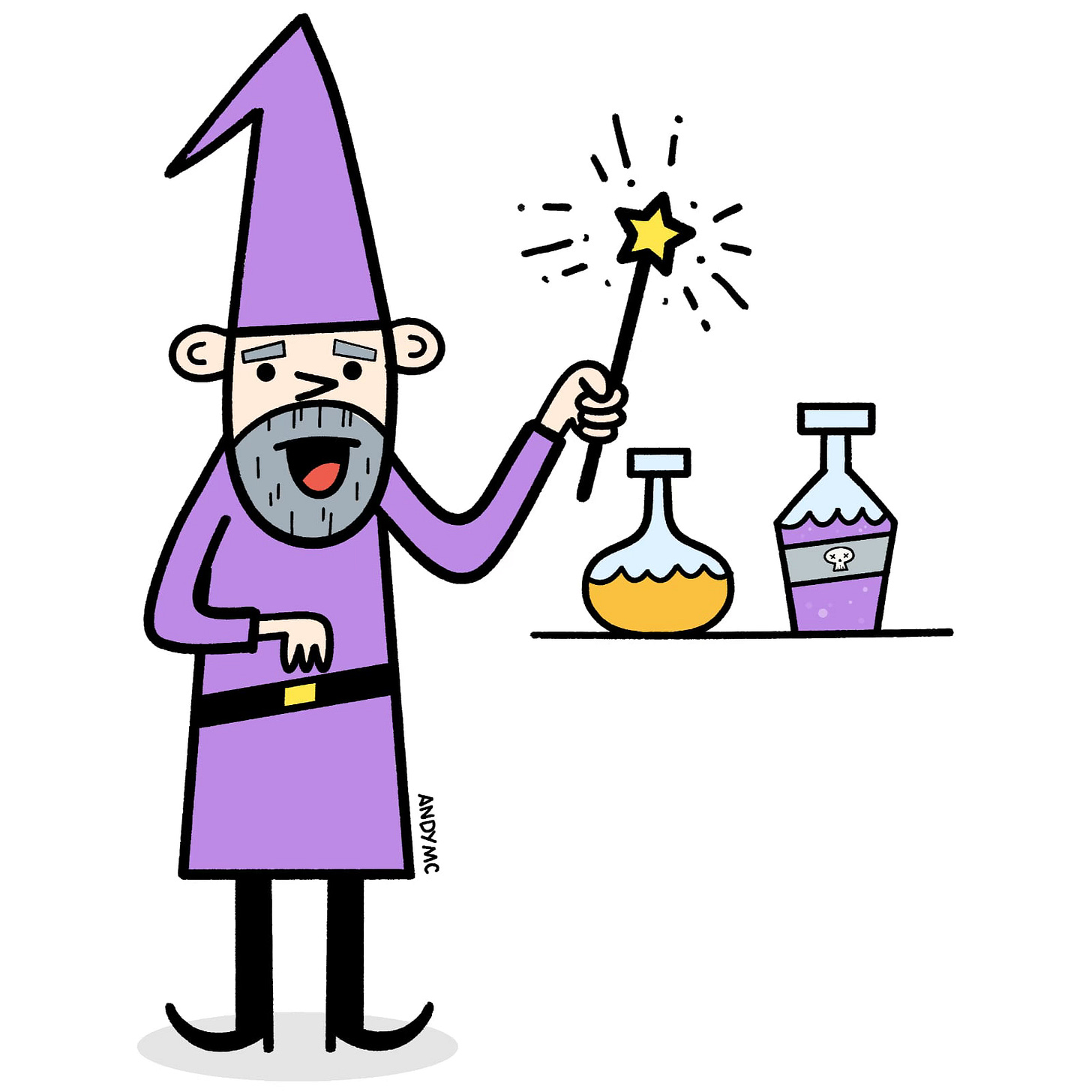 a cartoon illustration of a wizard and potion bottles