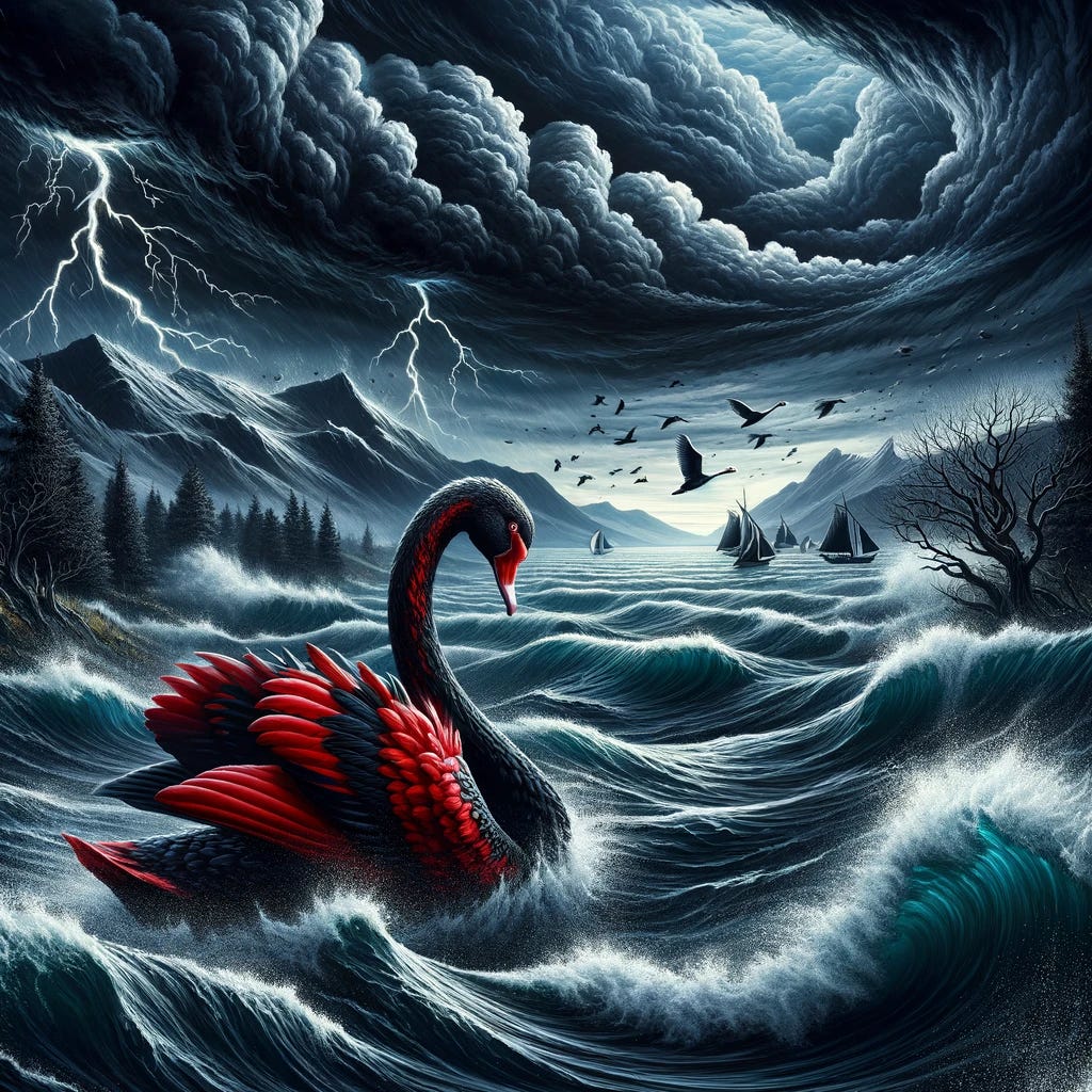 A red and black swan elegantly gliding on a turbulent, stormy lake from the first image. The sky is dark and menacing, with flashes of lightning in the background. The water is choppy with waves crashing around. The landscape around the lake is wild and untamed, with dark, gnarled trees and swirling winds. The scene combines the striking red and black swan with the original backdrop of chaos and nature's fury.