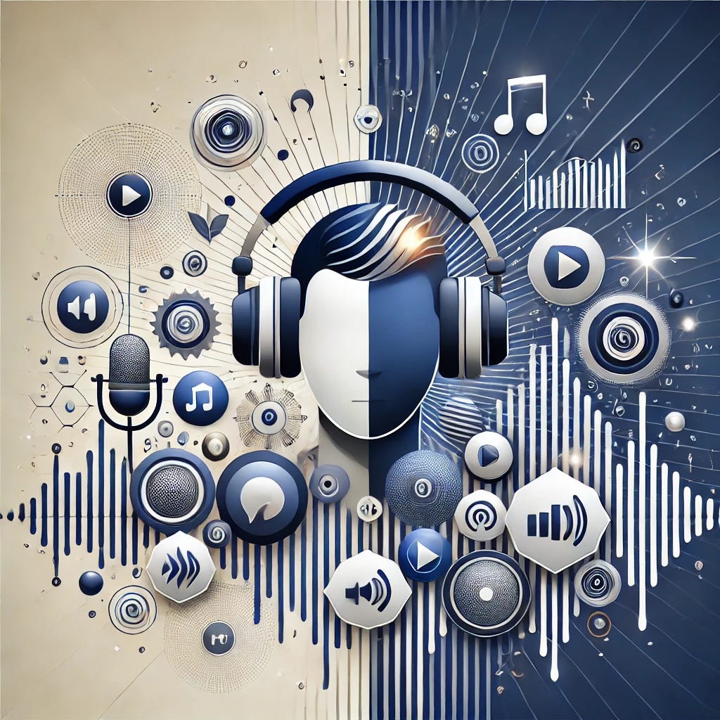 An engaging and modern illustration symbolizing the evolution of podcasts. The graphic shows a person wearing headphones surrounded by podcast icons like microphones, sound waves, and streaming platforms. The design should convey maturity and strategy, incorporating sleek, professional colors like navy blue, white, and silver, with hints of vibrant accents to represent creativity. The focus should be on the blend of creativity and professionalism, capturing podcasts as a refined medium for communication and branding.