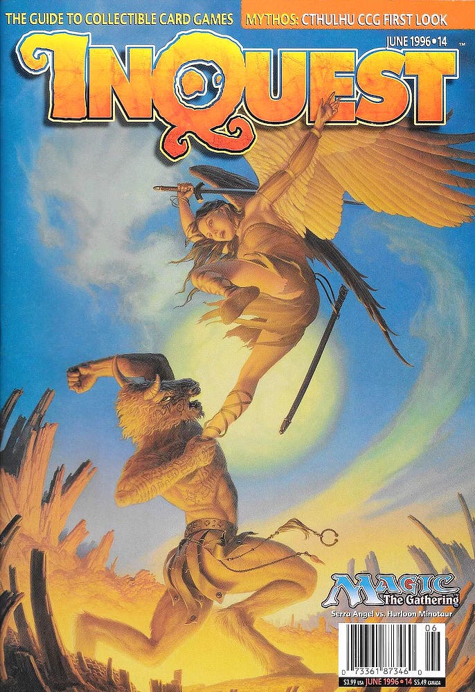 Magazine cover for InQuest 14 dated "June 1996" featuring art by Michael Whelan that is flipped on the vertical axis mirroring the original art. On the ground a minotaur grasps the foot of a winged female angel. Her sword arm is drawn back and so is the minotaur's freehand, capturing the moment when both are about to strike.