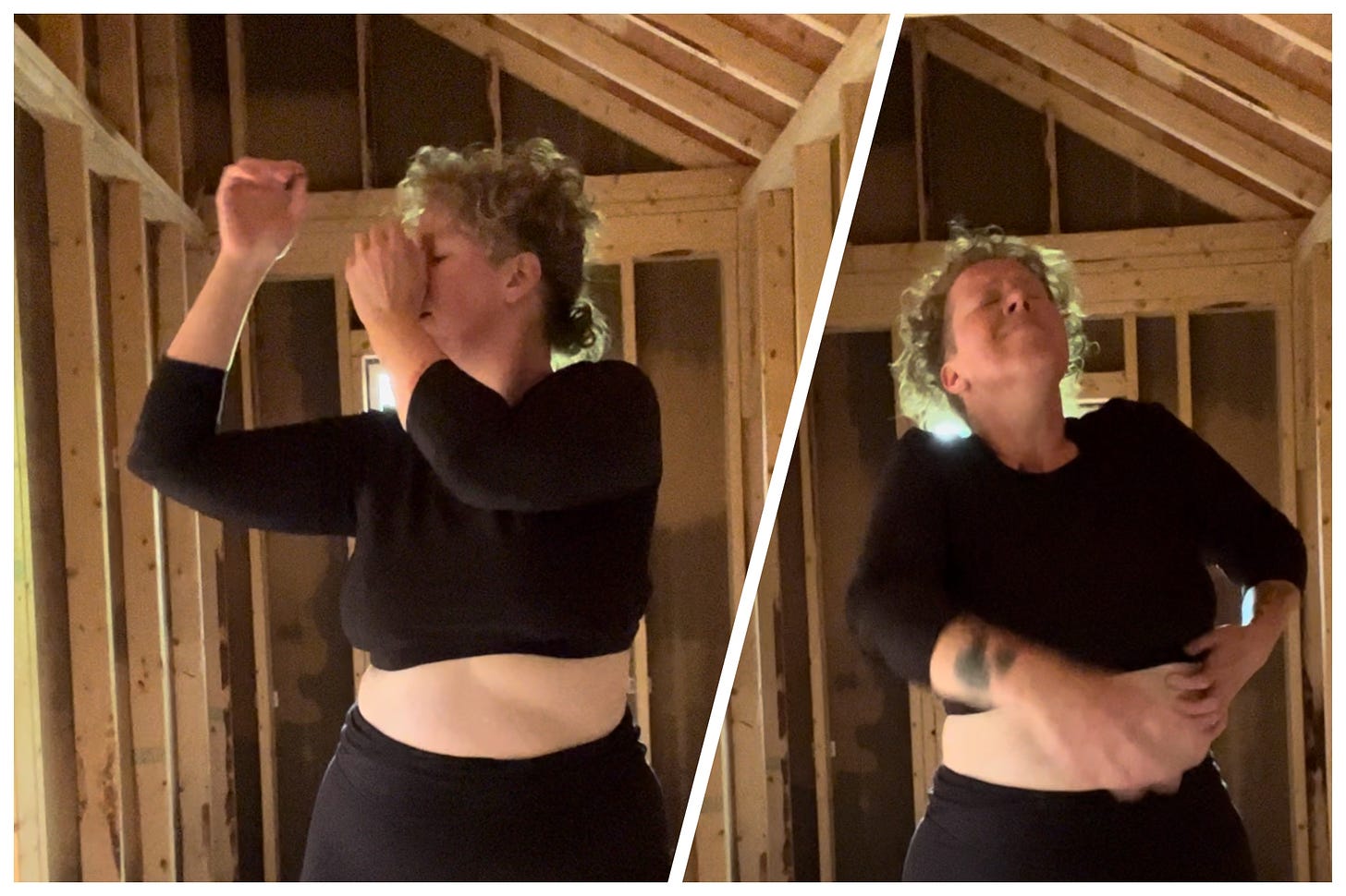 two split dance stills with jj all in black in an exposed wood treehouse