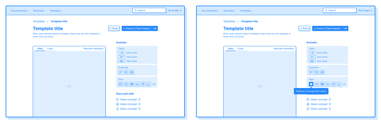 Two desktop wireframes styled with blue stroke and fill