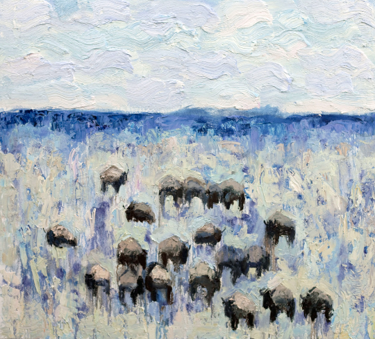 An oil painting showing a bison herd with distant blue mountains and white, cloudy skies.