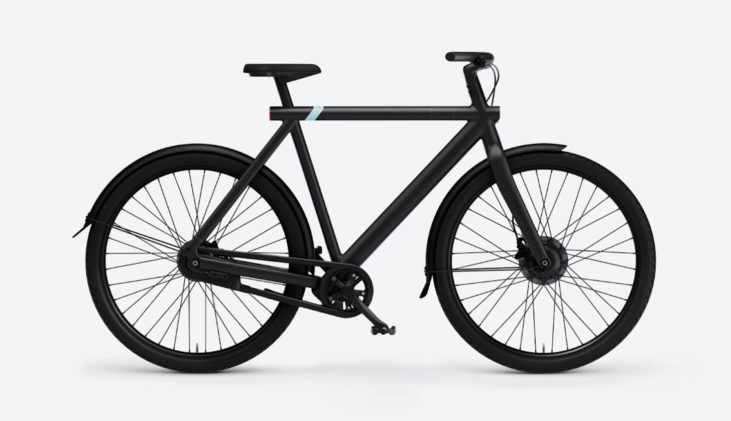 A VanMoof S3 model. The bike comes with built-in batteries and GPS, theft protection and maintenance are additional 