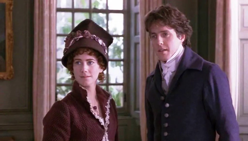 Lucy Steele and Edward Ferrars are looking at someone (probably Elinor) who is talking to them. 
