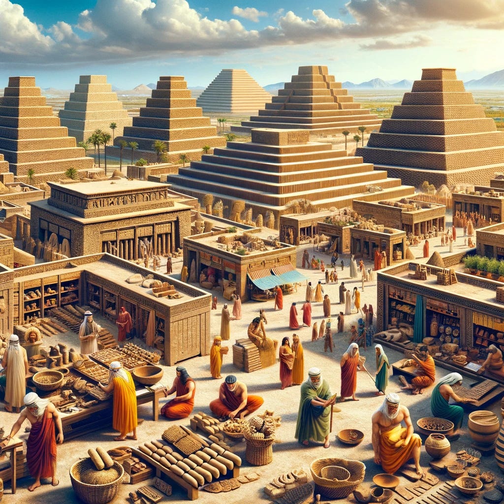 A bustling Sumerian cityscape showcasing architectural and societal characteristics of ancient Sumer. The scene includes ziggurats, massive terraced structures used as temples and administrative centers. Sumerians in traditional garb are engaging in activities like trading at market stalls, crafting pottery, and scribing on clay tablets. Features of their advanced irrigation systems and gardens are visible, with a royal procession adding to the city's vibrancy. The image captures the essence of daily life in a Sumerian city with historical accuracy and vibrant details.