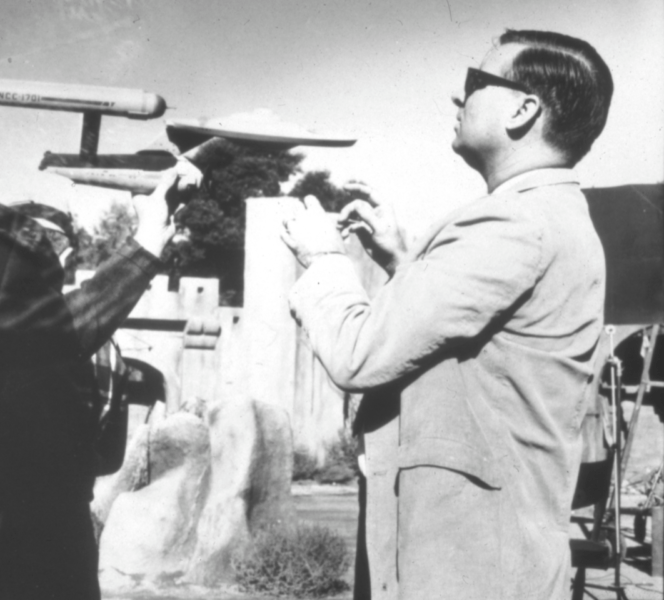 Gene ROddenberry on Star Trek set directing shatner nimoy