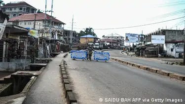 Roadblock fences in Freetown on Sunday, amid empty streets.