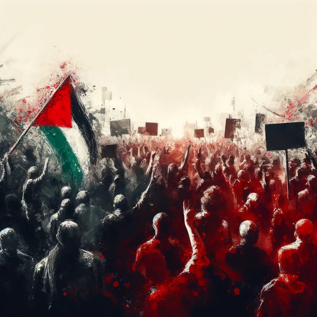 An abstract representation of a protest scene, with a group of people symbolizing Palestinians in Gaza holding placards and expressing dissent. The atmosphere is intense and emotional, with various shades of red, black, and gray to evoke urgency and tension. There is a subtle contrast between the vibrant energy of the protesters and the stark, muted tones surrounding them, symbolizing the silence of international voices. The image should be abstract, focusing more on conveying the emotion and message rather than realistic representation.