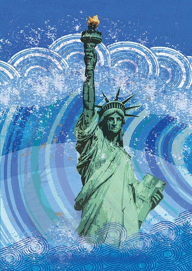 Illustration shows the Statue of Liberty submerged in rising flood water