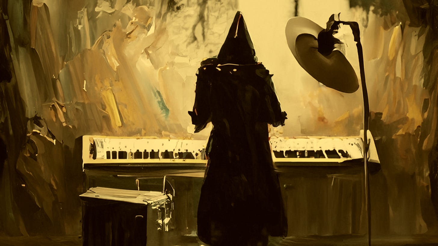 AI-generated expressionist style painting of a dark hooded figure in a dimly lit music studio