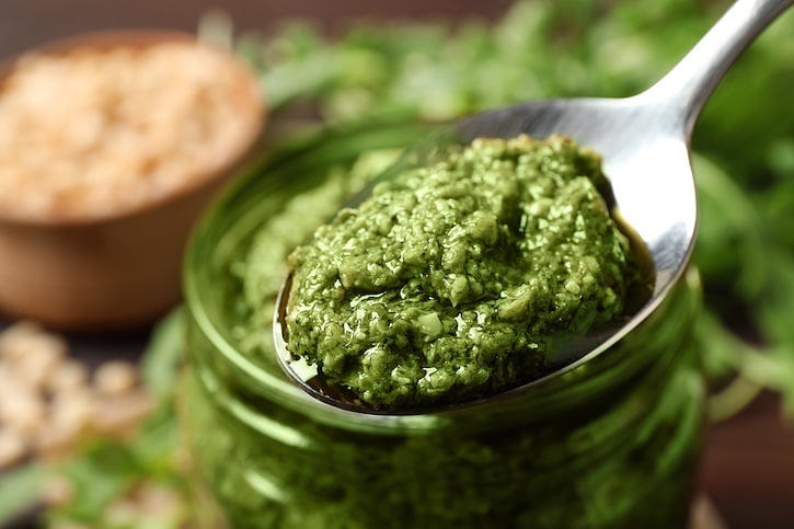 Arugula Pesto on a spoon