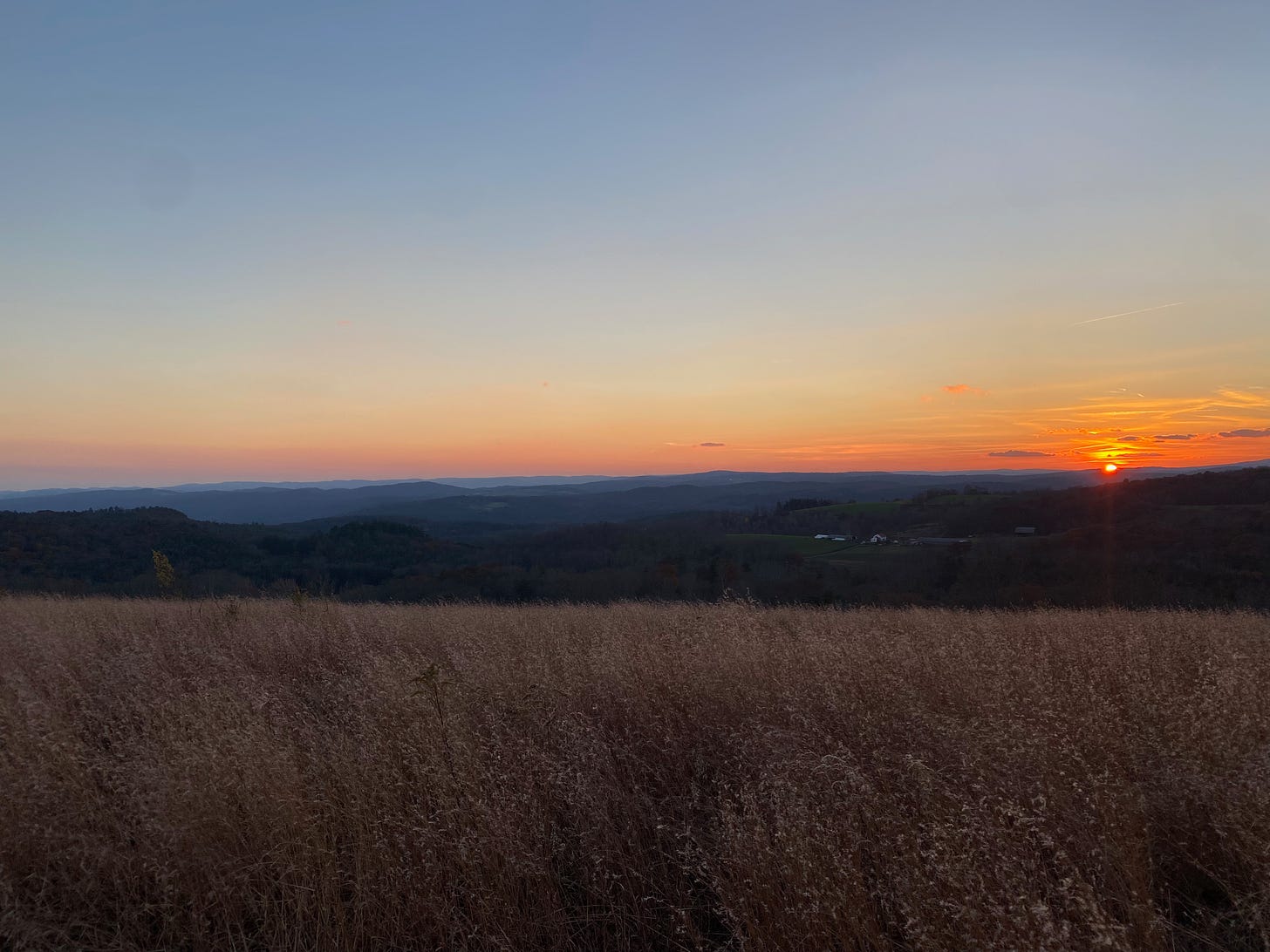 A field of tall brown grass on a ridgetop at sunset. The sun sets small and orange behind a line of blue and purple hills on the horizon.