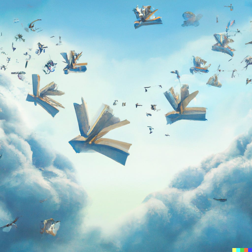 An AI-generated image of books flying through clouds.