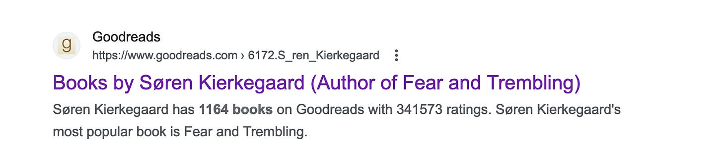 Goodreads' description of Kierkegaard as author of 1164 volumes