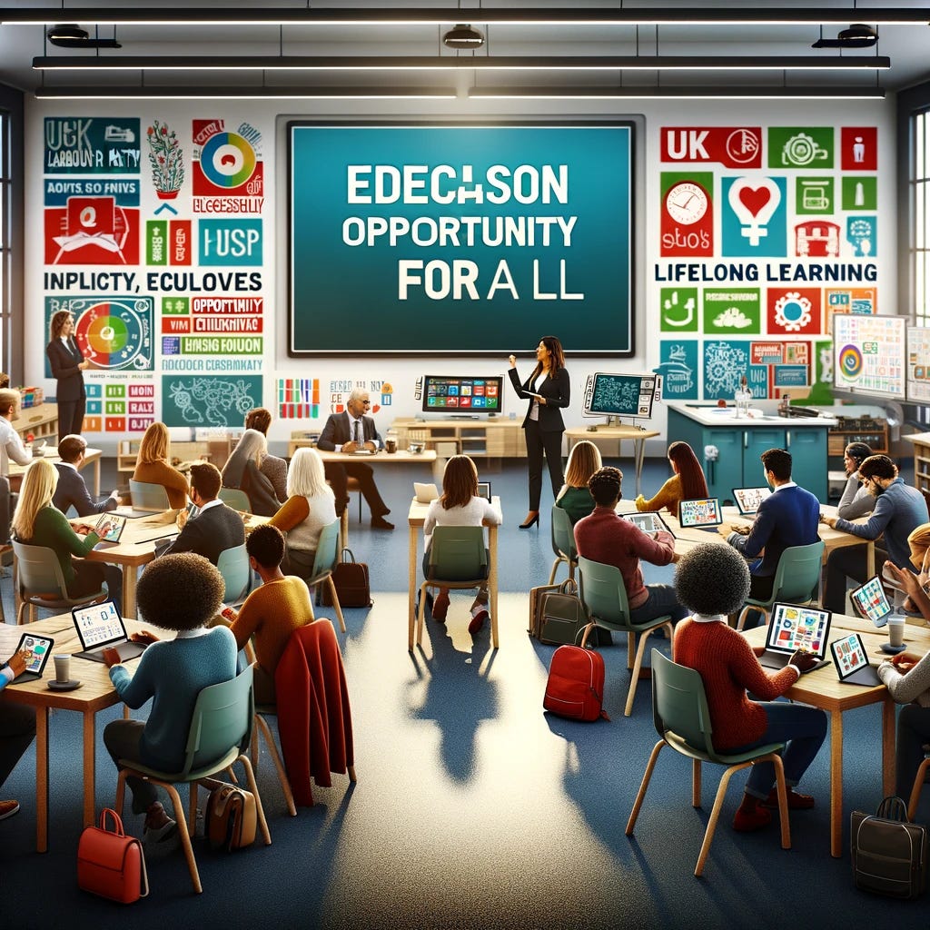 The image has a diverse group of students of various ages and backgrounds sitting in a modern classroom equipped with the latest technology, such as tablets and smartboards. The classroom has posters on the walls emphasizing values like inclusivity, opportunity for all, and lifelong learning. Additionally, the classroom is brightly lit to convey a positive and welcoming learning environment, symbolizing the Labour Party's commitment to accessible and high-quality education for everyone.