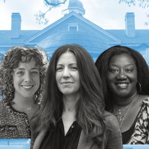 Shannon McGregor, Francesca Tripodi, and Tressie McMillan Cottom superimposed on an image of UNC's South Building and Old Well