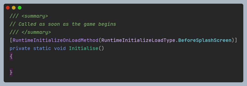 Source code illustrating the usage of Unity's RuntimeInitializeOnLoadMethod attribute