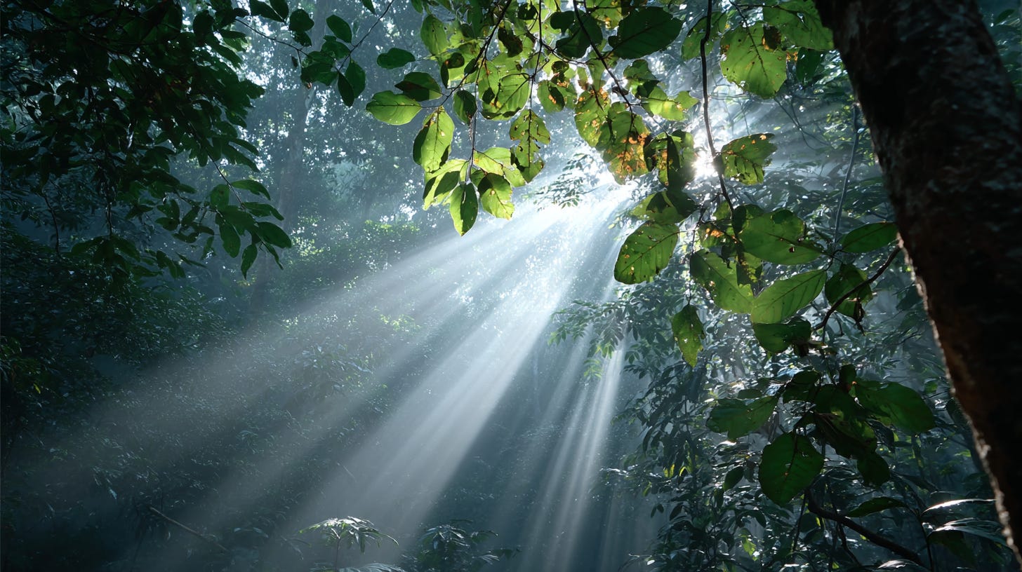 a crepuscular ray of light at the open space of a jungle, komorebi, godrays, sunbeams, peaceful, tranquility --ar 16:9 --profile 5nv9sv3 --v 7 a crepuscular ray of light at the open space of a jungle, komorebi, godrays, sunbeams, peaceful, tranquility --ar 16:9 --profile 5nv9sv3 --v 7
