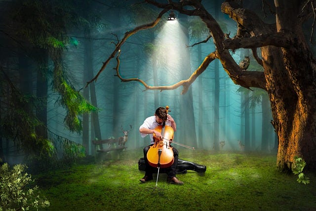 A young man plays the cello in a forest clearing with light shining through the clouds