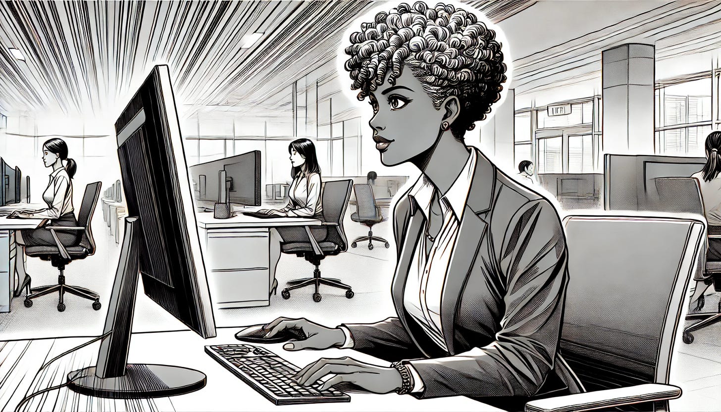 A manga-style illustration of a 60-year-old Black woman working as an intern in a modern office setting. She is seated at a desk, focused and engaged, with a computer screen in front of her. The woman has short, curly gray hair and wears professional attire. Her expression shows a mix of determination and curiosity, capturing the unique experience of starting a new career later in life. The office environment is sleek and contemporary, with other employees working in the background. The illustration features dynamic manga-style lines and shading, highlighting her presence and the contrast between her age and the typical intern demographic.