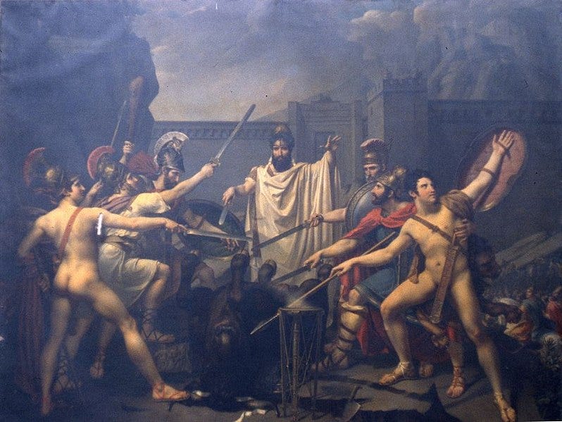 Photograph of an oil painting of seven warriors reaching out their swords in pledge to one