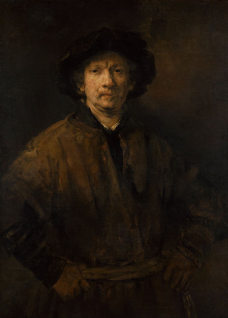 Self Portrait, oil on canvas, 1652. Kunsthistorisches Museum, Vienna. The first for several years. As in the drawing of the same year, Rembrandt wears his working clothes, except perhaps for his hat, which draws on historical styles and earlier portraits.[28]