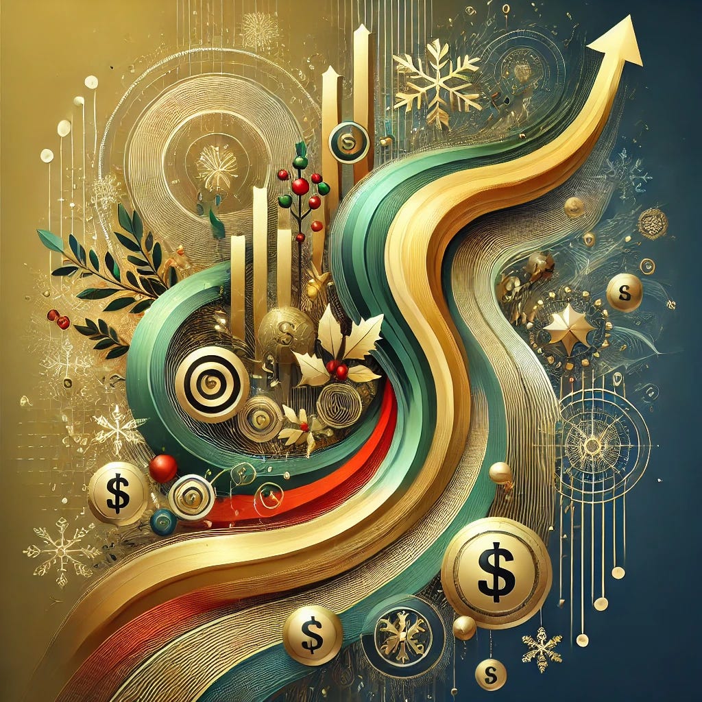 An abstract representation of passive revenue increase, branded with the theme 'Raptive,' incorporating festive holiday elements like subtle Thanksgiving and Christmas motifs. The design features flowing golden streams symbolizing wealth and growth, interspersed with upward arrow motifs. Circular ripple effects suggest ongoing and compounding gains. Festive touches include hints of holly, berries, and golden snowflakes, blending seamlessly with the color palette of gold, green, red, and subtle blue. The overall style is modern and dynamic, evoking prosperity and holiday cheer in a harmonious, visually engaging manner.