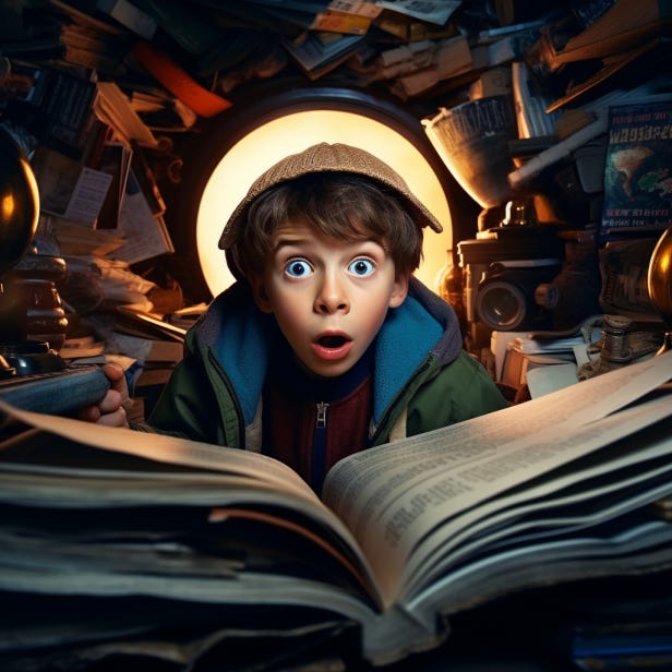 A shocked kid reading a magazine