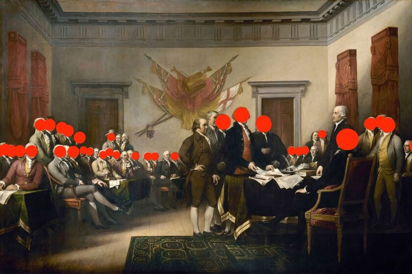 John Trumbull’s 1818 oil painting “Declaration of Independence,” with red dots on the faces of all the men who owned slaves. 
