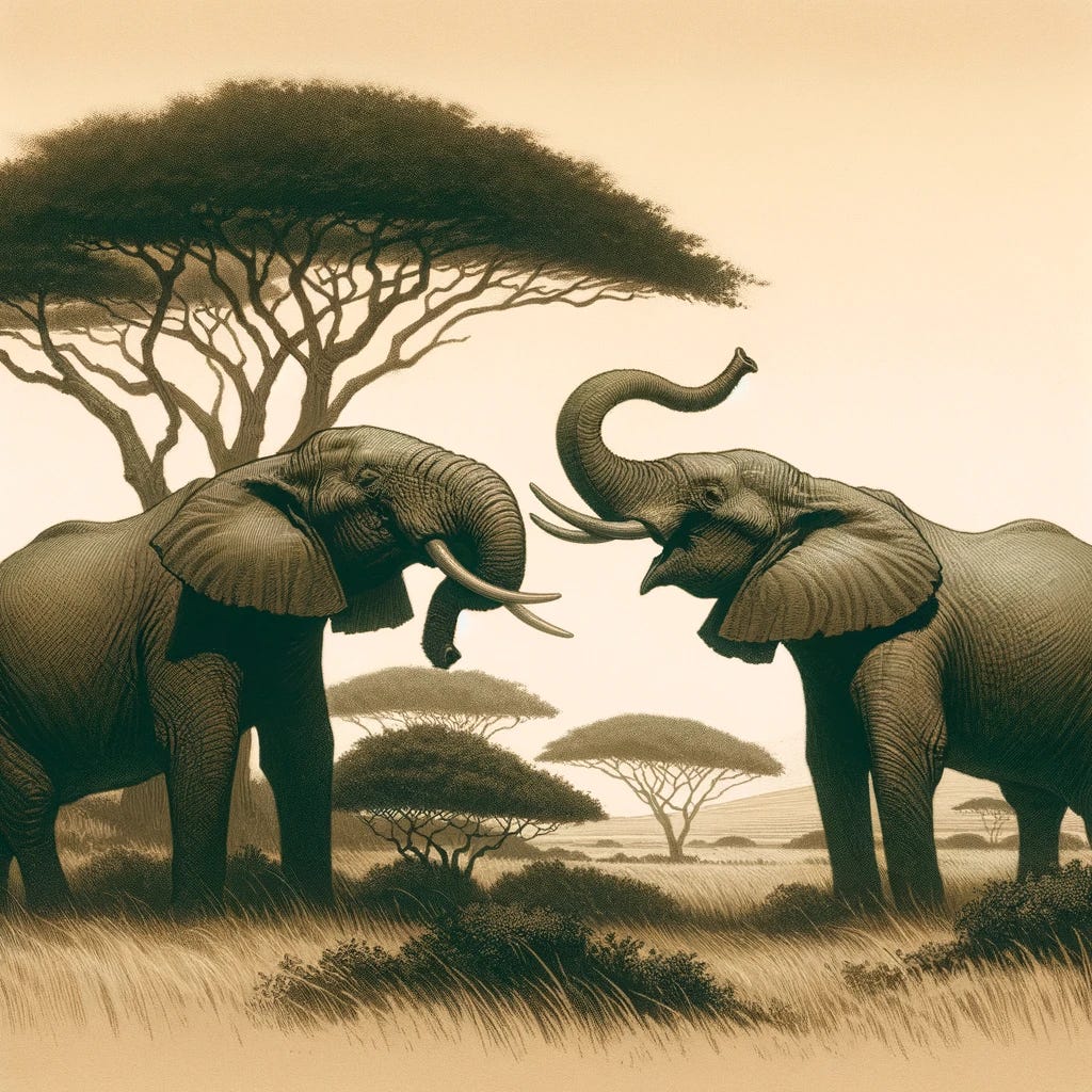 Illustration in a style reminiscent of early 20th-century American magazines, depicting two African savannah elephants in a scene of communication, similar to the concept of 'calling out' to each other. One elephant should be illustrated in the act of vocalizing with its trunk raised, while the other listens, representing their unique social interactions. The background should be a subtly stylized savannah landscape, with artistic interpretations of acacia trees and grasslands. The overall image should be more refined and artistic, capturing the essence of a high-quality magazine illustration like The New Yorker, focusing on the elegance and intelligence of these majestic creatures.
