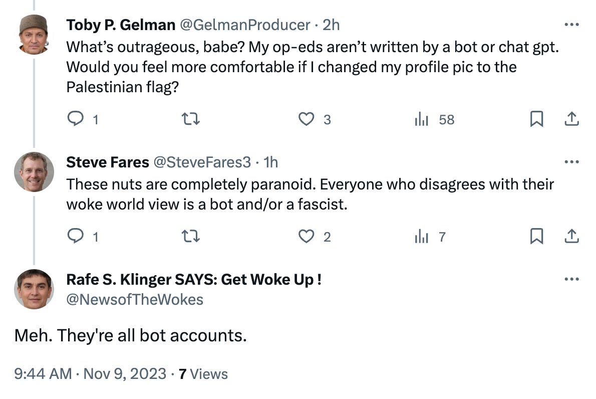 screenshots of a conversation between the three X accounts with GAN-generated faces connected to getwokeup.com