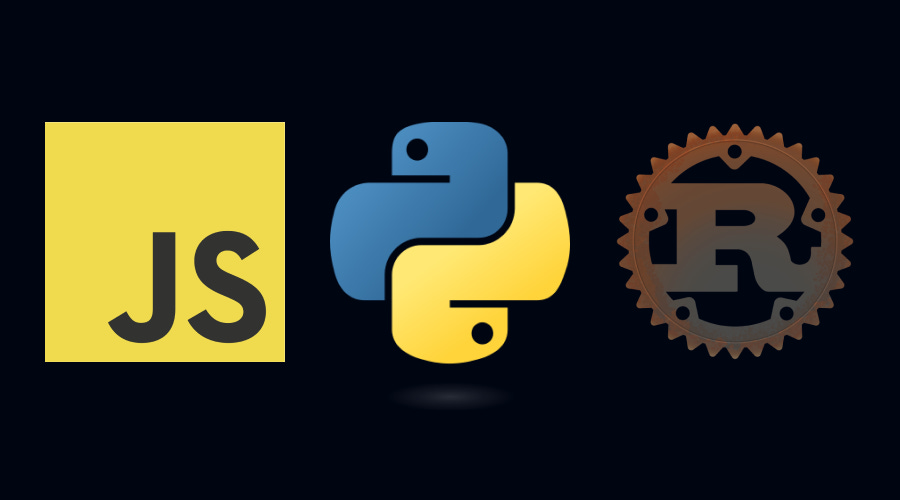 Imagem contém um retângulo escuro, dentro do qual, alinhados lado a lado, estão os logotipos das linguagens de programação JavaScript, Python e Rust, respectivamente.