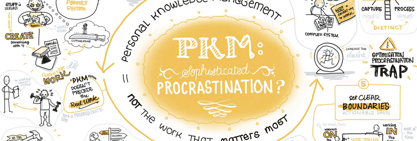 Cropped image of a sketchnote of Sam Matla’s video. A large yellow oval in the middle contains white writing that reads: PKM: Sophisticated Procrastination?