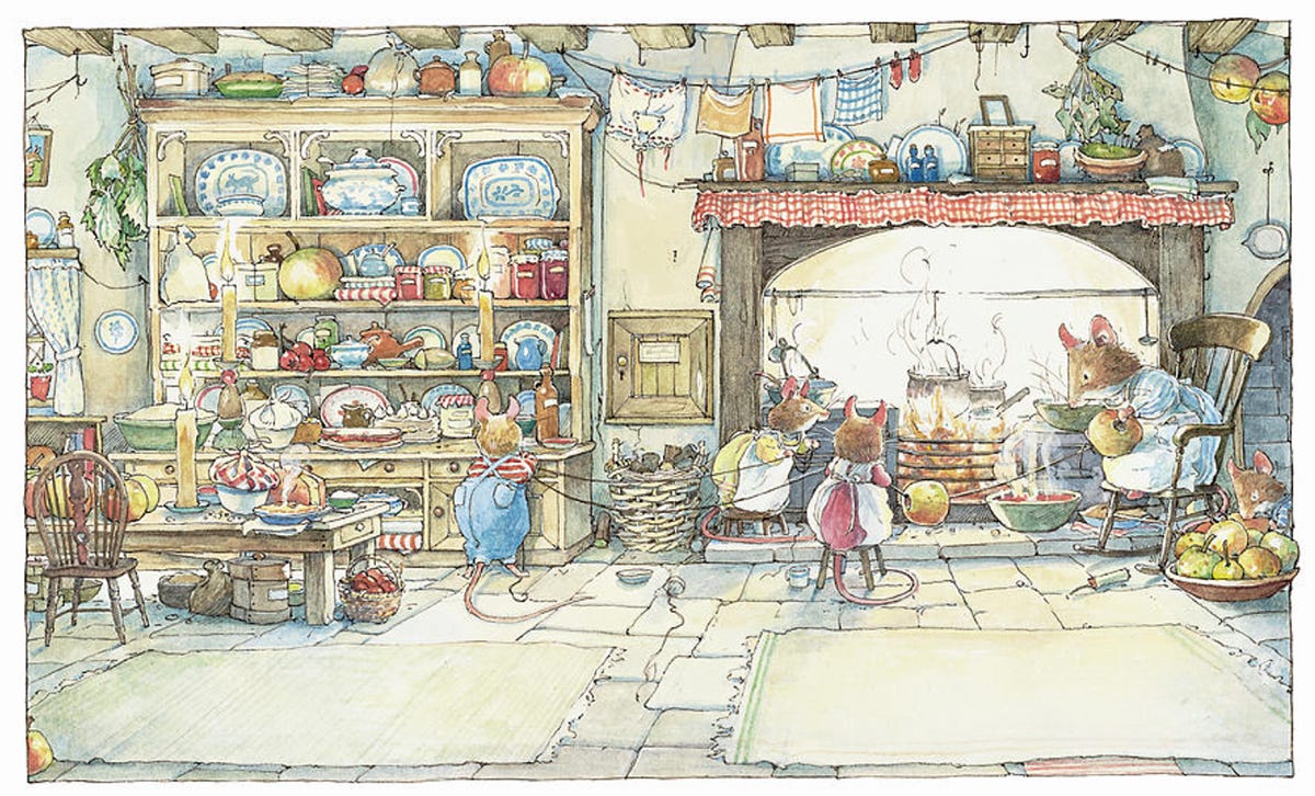 Illustration of a mouse family in a cozy kitchen.