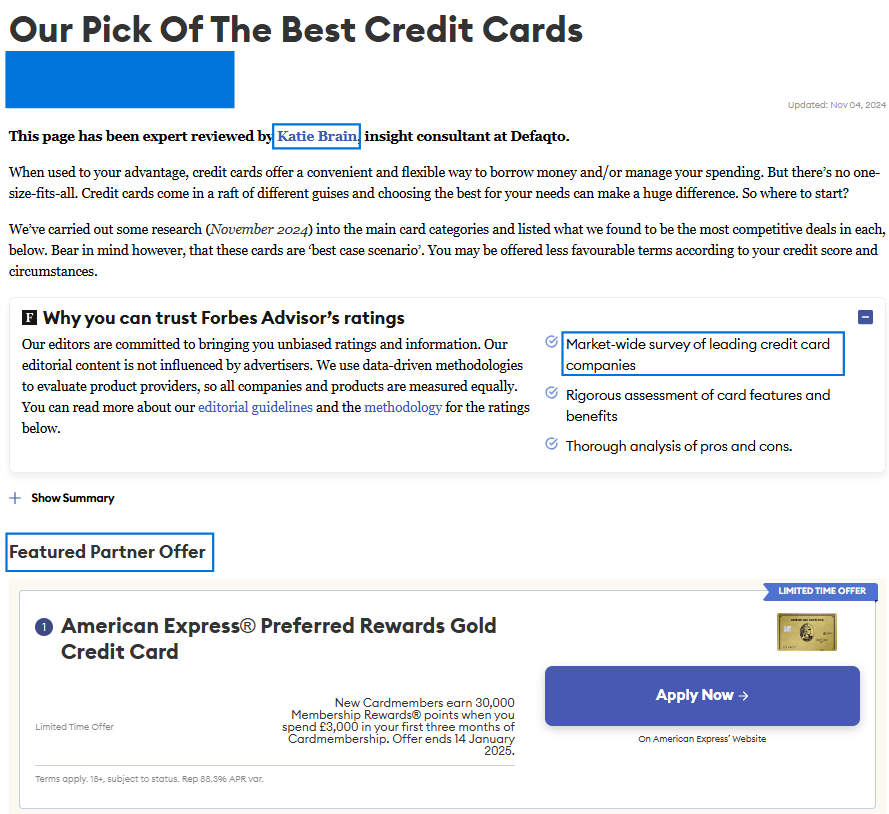 An image of the Forbes Advisor best credit card page